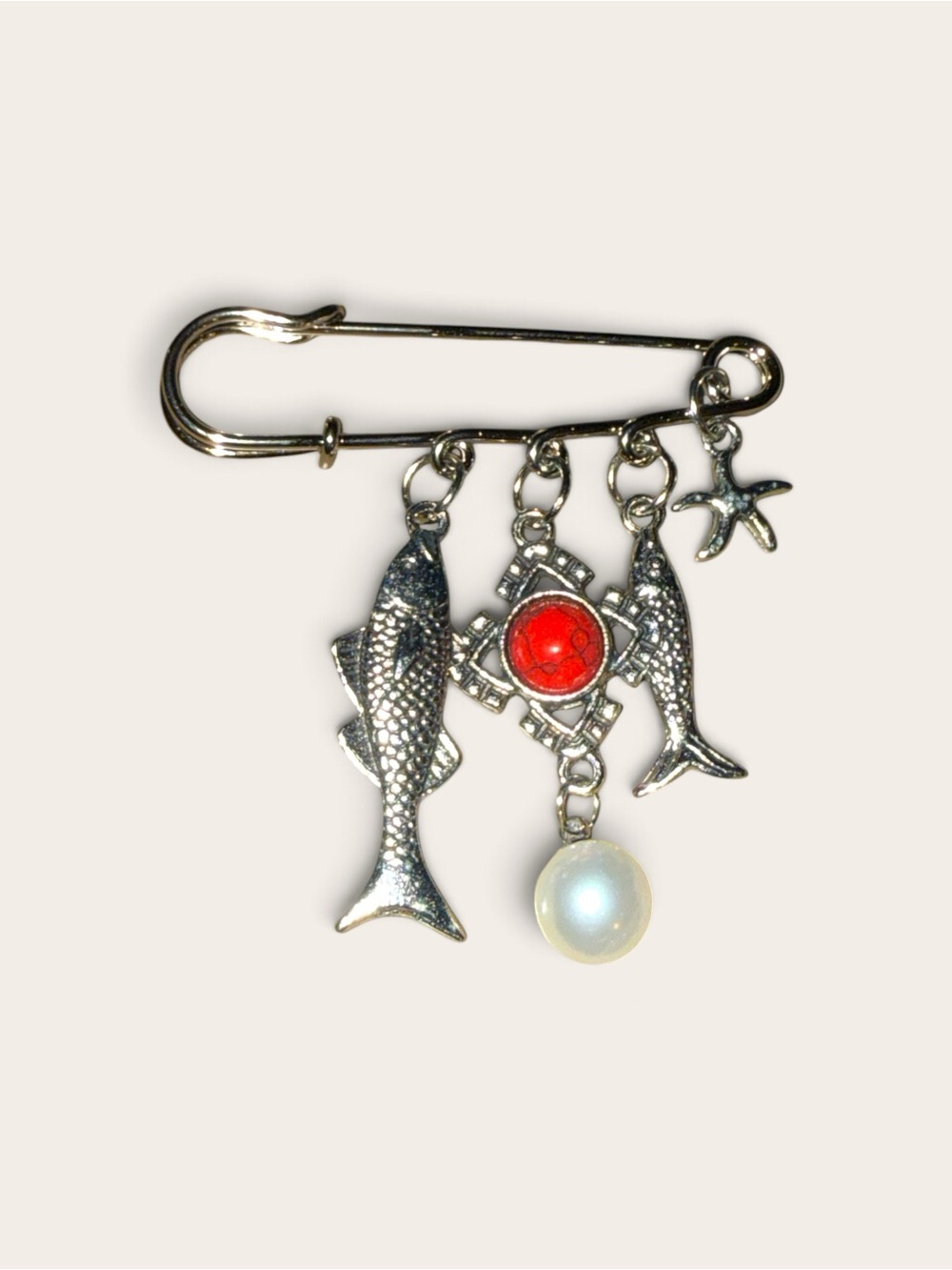 Silver Fish and Faux Pearl Charm Brooch - Red Accent